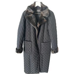 Vintage - Badgley Mischka Quilted Long Coat w/ Faux Fur Trim